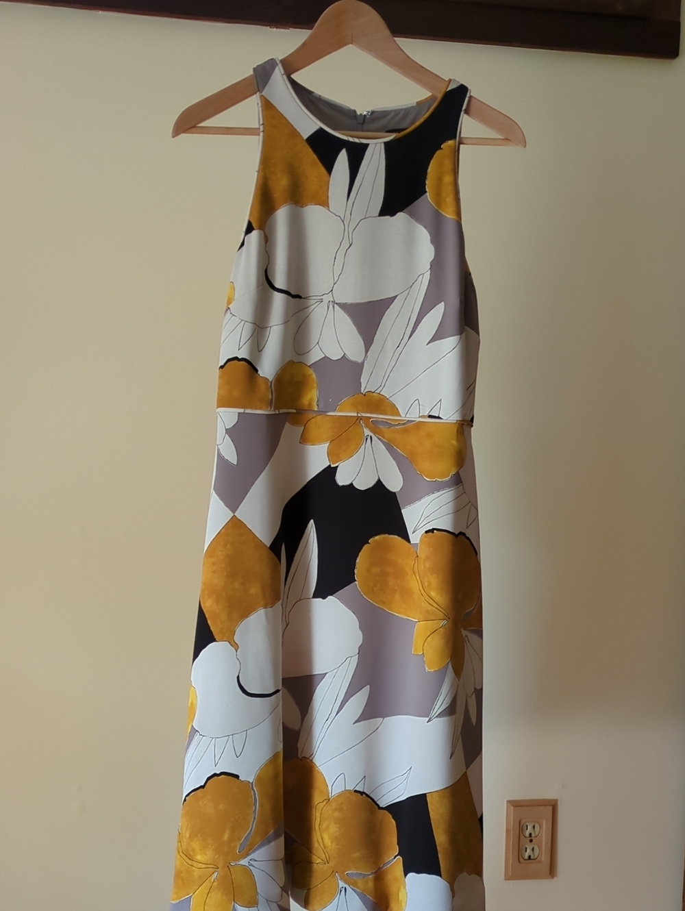 Ann Taylor Gold Floral Maxi Dress with White and Gray Panels